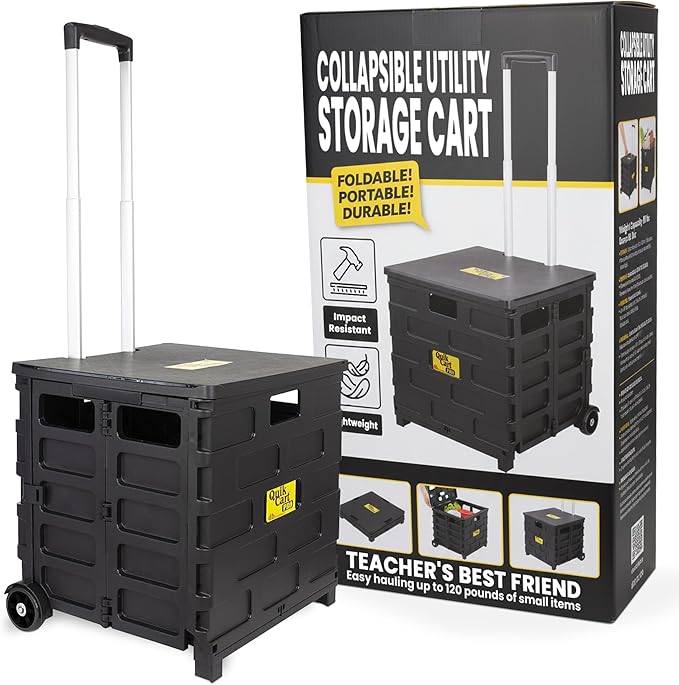 dbest products Quik Cart Pro Wheeled Rolling Crate Teacher Utility with seat Heavy Duty Collapsible Basket with Handle, Aluminum, Black