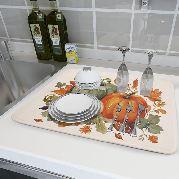 Giwawa Fall Pumpkin Dish Drying Mat Autumn Leaves Absorbent Dishes Pad 18x24 - Image 6