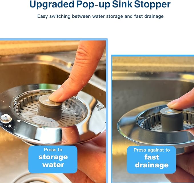 Kitchen Sink Drain Strainer 3 in 1, 304 Stainless Steel Pop Up Sink Stopper, Anti-Clogging Drain Stopper, Strainers for Kitchen, Drain Cover and Kitchen Accessories for US Standard Sink (Chrome)