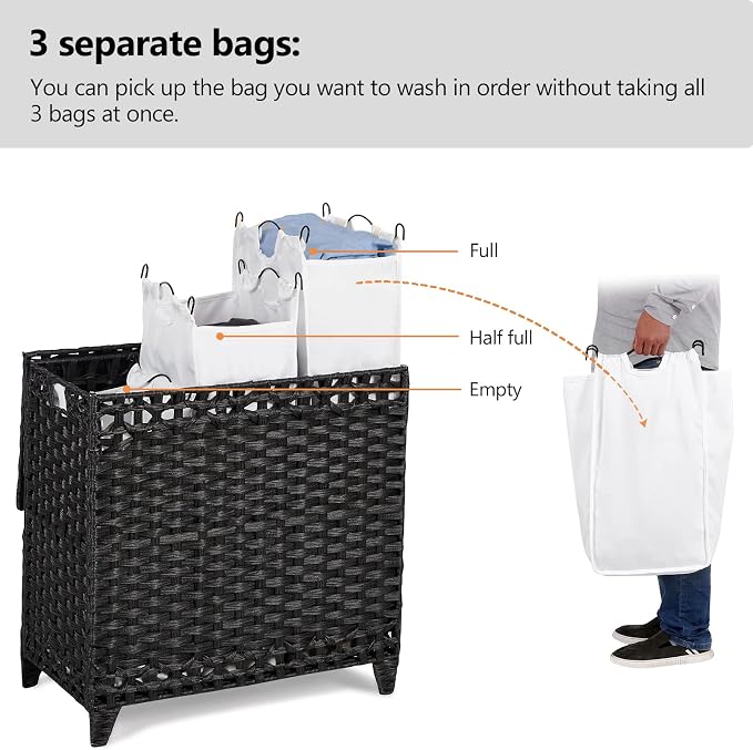 Laundry Hamper with 3 Removable Liner Bags, 132L Laundry Sorter with Lid - Image 3