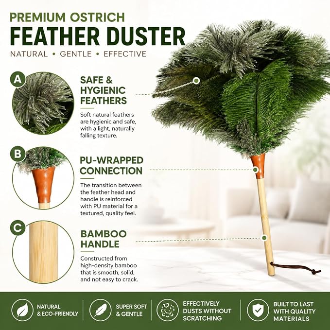 16 in Ostrich Feather Duster, Bamboo Handle Duster Green - Image 4