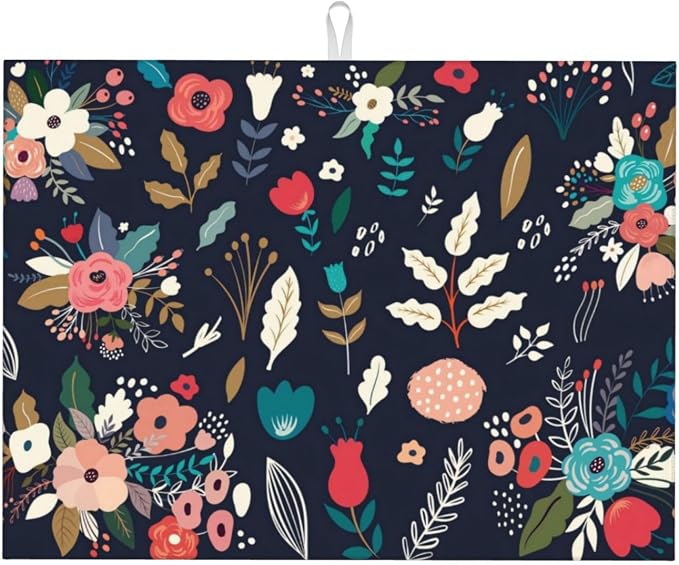 Colorful Flowers Black Dish Drying Mat by indokyeyqaz