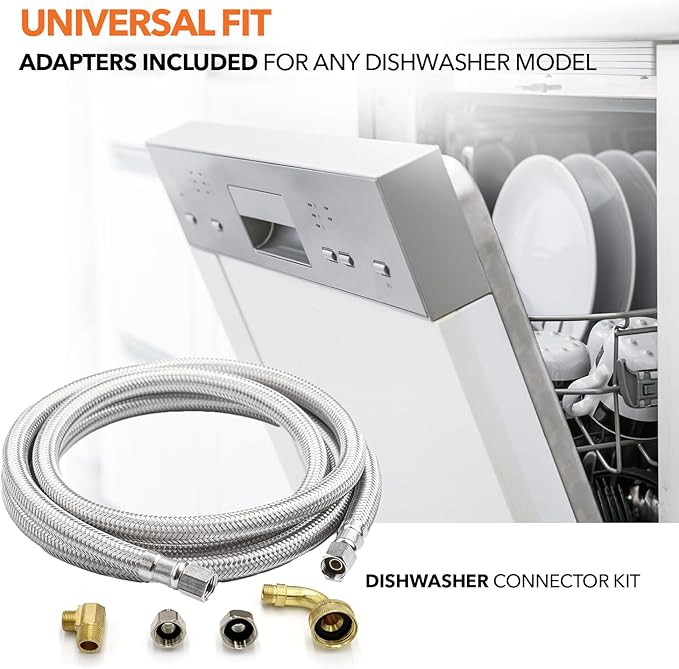 Universal Dishwasher Installation Kit, 3/8" Compression, 6ft long Braided Stainless Steel Hose + 3/4" Hose Bibb Elbow + 3/8" Compression Elbow & Compression Adaptor + 1/2" Compression Adaptor