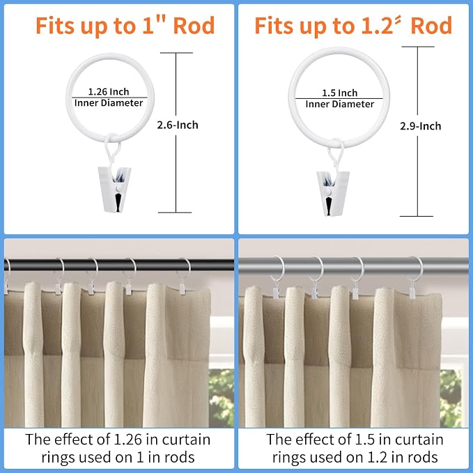 Curtain Rings with Clips, 42 Pack Metal Drapery Rings with Clips Hooks Hangers - Image 3