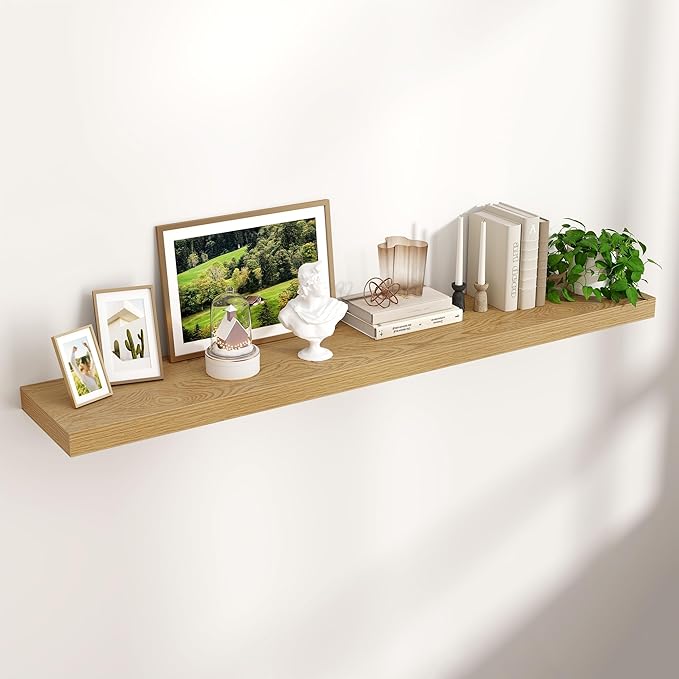 Floating Shelves for Wall 55"W x 10"D x 1.5"H, Long Engineered Wood Wall Shelves with Invisible Brackets for Living Room Bedroom Bathroom Office Kitchen Decor and Storage, Oak Finish, Set of 1