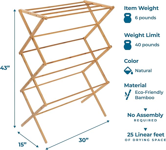 Honey-Can-Do Collapsible Bamboo Drying Rack – Sturdy & Foldable Laundry Drying - Image 7