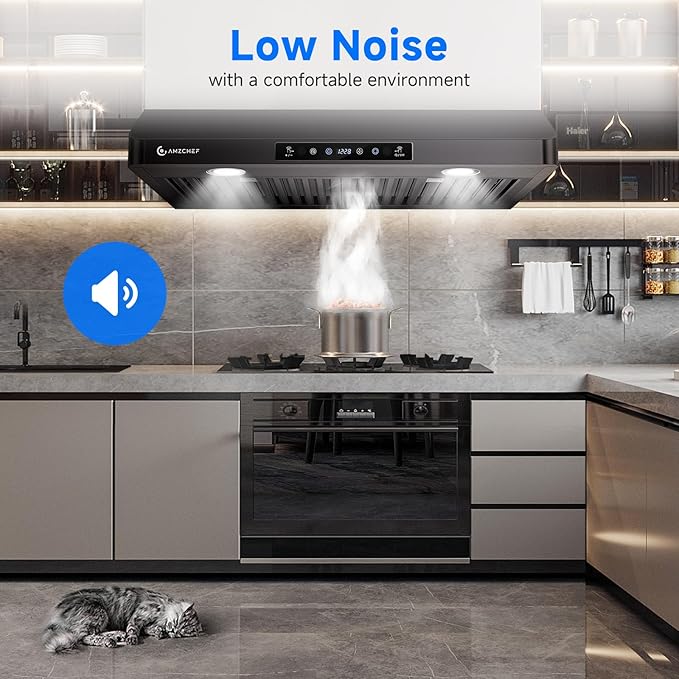 AMZCHEF Under Cabinet Range Hood 30 Inch, 750CFM Stainless Steel Kitchen Stove Vent Hood 3 Speed Exhaust Fan Touch/Remote/Gesture Control LED lights Time Setting Dishwasher-Safe Baffle Filters-Black