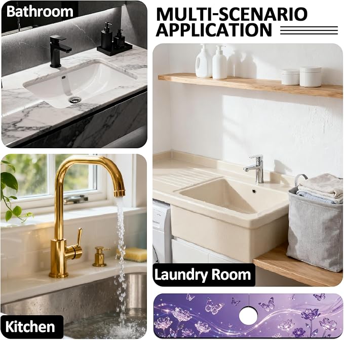 2 Pcs Kitchen Sink Splash Guard Faucet Mat Purple Dream Butterfly Pattern - Image 7