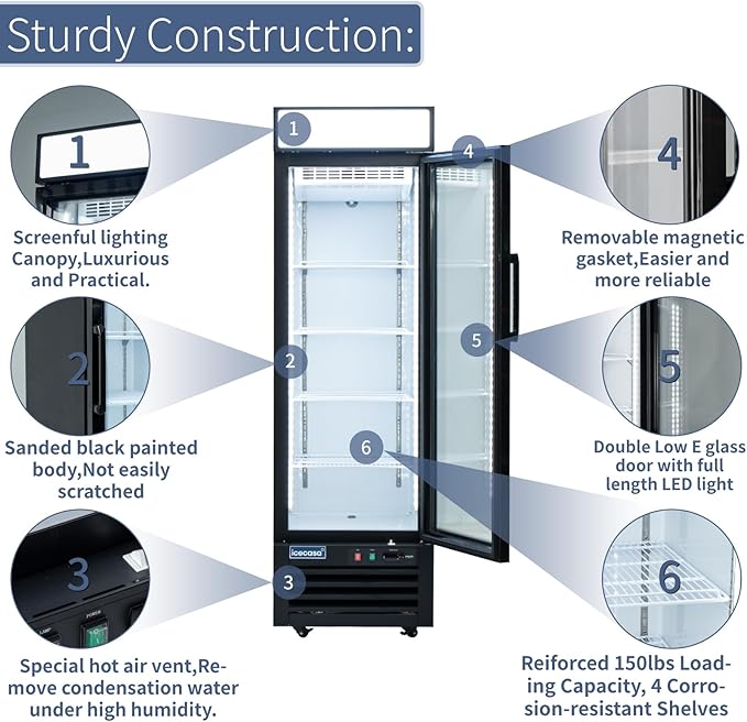 ICECASA 24" W Merchandiser Commercial Display Refrigerator Single Glass Door Reach-in 18 Cu.ft Display Refrigerator Fan Cooling for Restuarant, Bar, Shop, etc