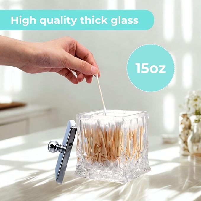 15Oz Clear Q-Tip Holder, Square Thick Glass & Metal Lid - Image 3