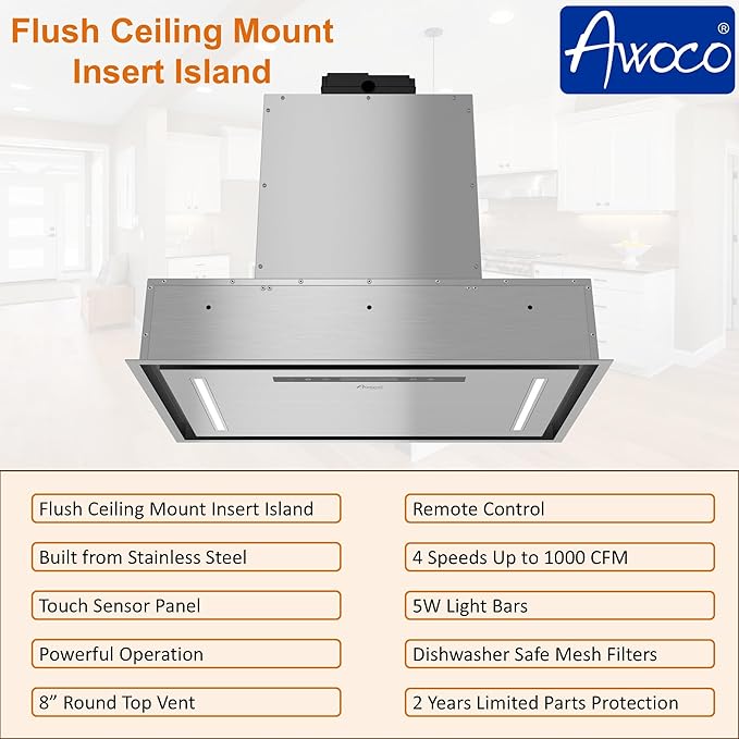 Awoco 30”W Flush Ceiling Mount Insert Island Range Hood, Stainless Steel 4 Speeds 1000 CFM, 8” Round Vent LED Lights Remote Control (30" 8" Vent)