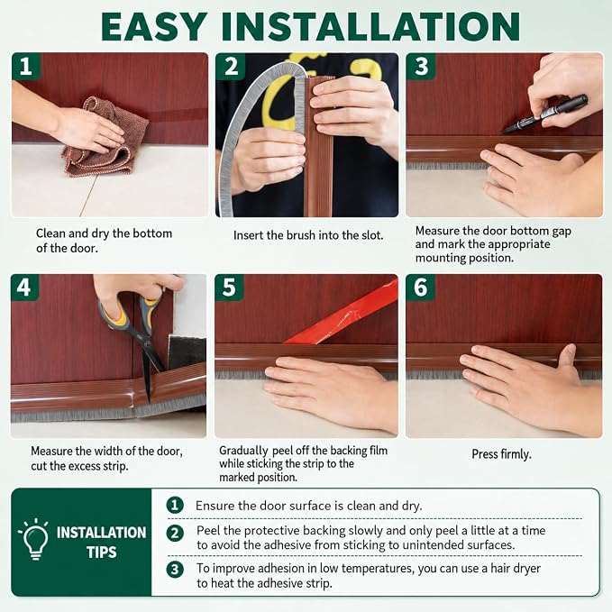 Door Draft Stopper with Brush, 1 Pack | Self Adhesive Weather Stripping - Image 8