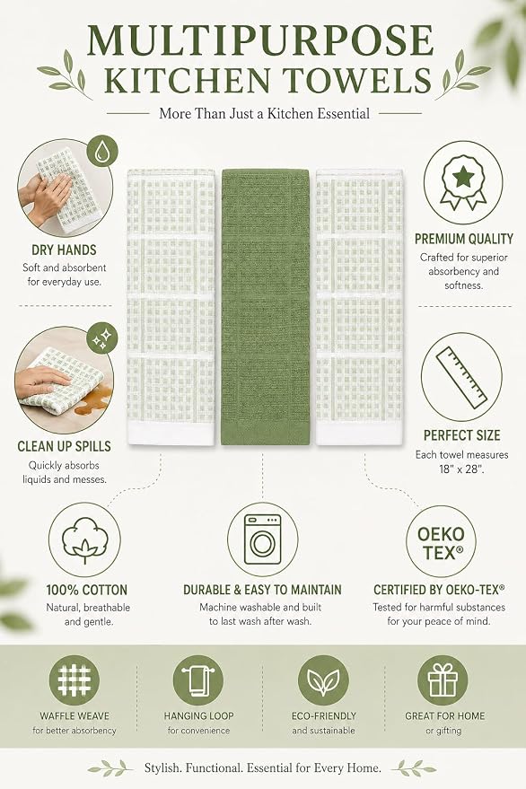 Serafina Home Sage Green Kitchen Dish Towels – Set of 3 100% Cotton Cloth Soft - Image 7