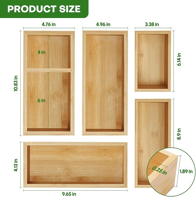 MapleGrace Bamboo Drawer Organizer Set, Individual Wood Storage Organizers | 5 - Image 3