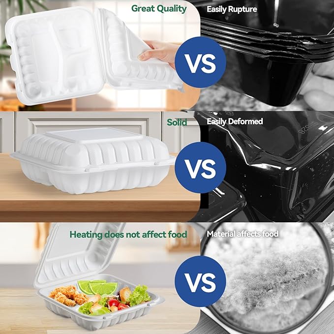 Food Containers 7.8" 30 oz 65 Pack - BPA Free Mineral Filled PP Plastic | 3 Compartment Shrink Wrap Clamshell Stackable | Reusable Freezer & Microwave Safe | White Commercial Takeout Boxes