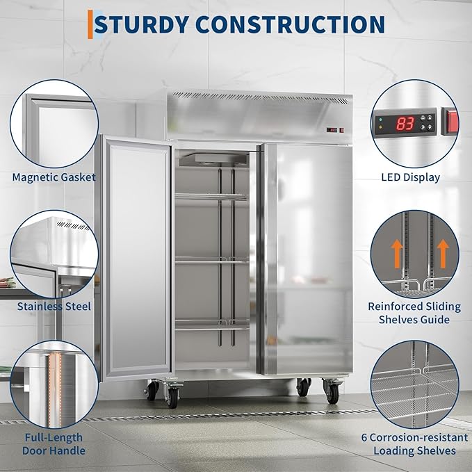 48" Commercial Refrigerator Freezer Combo, 36 Cu.ft Upright Freezer, Stainless Steel Beverage Cooler, 2-Door Commercial Refrigerator Freezer, Fan Cooling, Auto Defrost, 6 Shelves for Restaurant Shop