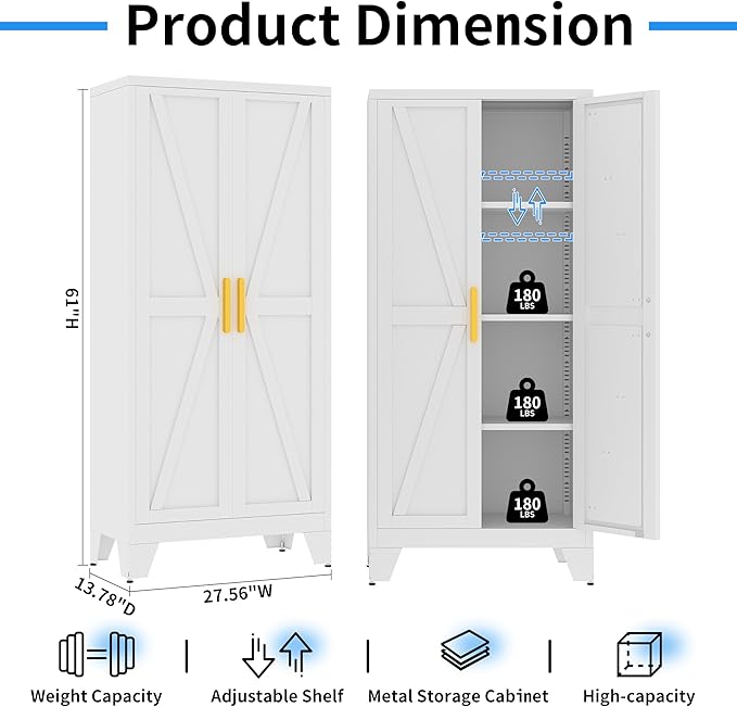 61" Tall Pantry Cabinet, White Metal Pantry Storage Cabinet, Kitchen Pantry Storage Cabinets with 2 Door and 3 Adjustable Shelves (White, 61" Modern)