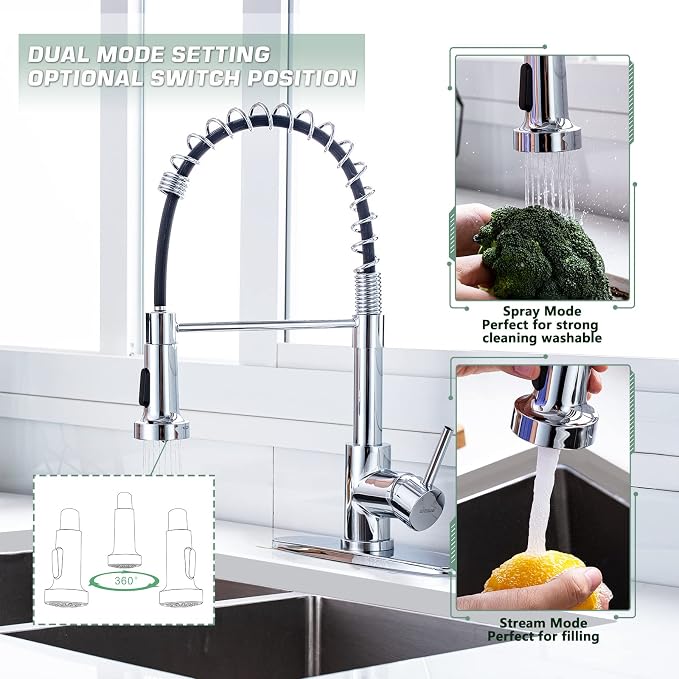 WEWE Pull-Down Kitchen Faucet, 2-Mode Sprayer, Polished Chrome, High Arc | - Image 3