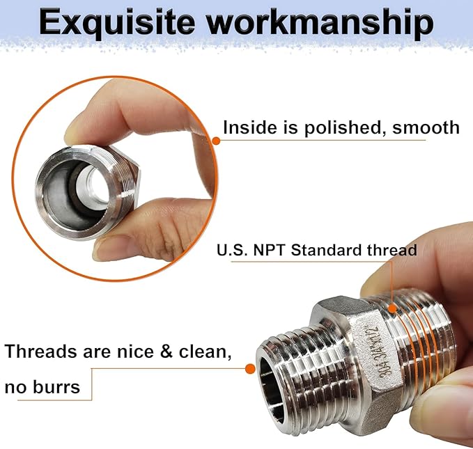 1/2" x 3/8" Reducing Hex Nipple, 304 Stainless Steel NPT Male Pipe Fitting Reducer Nipple Adapter 2000psi Reducer Connector Suit for 0.71" and 0.57" Pipe ID (1/2"x 3/8"MNPT)