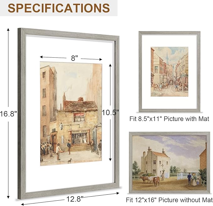 Vittanly 12x16 Picture Frame, Solid Wood Frame with Plexiglass, Includes 8.5x11 Mat, Wall Hanging for Photos, Home Decor, Grey, 1 Pack