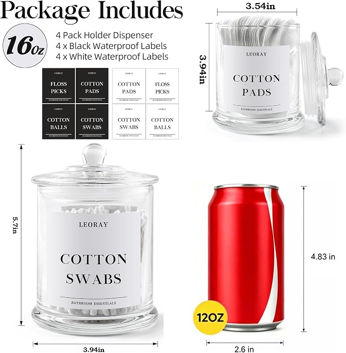LEORAY 4 Pack Glass Qtip Holder Dispenser - Image 6