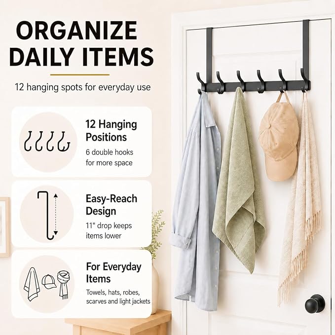 Peasulin Over The Door Hooks, 2 Pack Black 11" Long Door Hanger Racks | 6 - Image 7