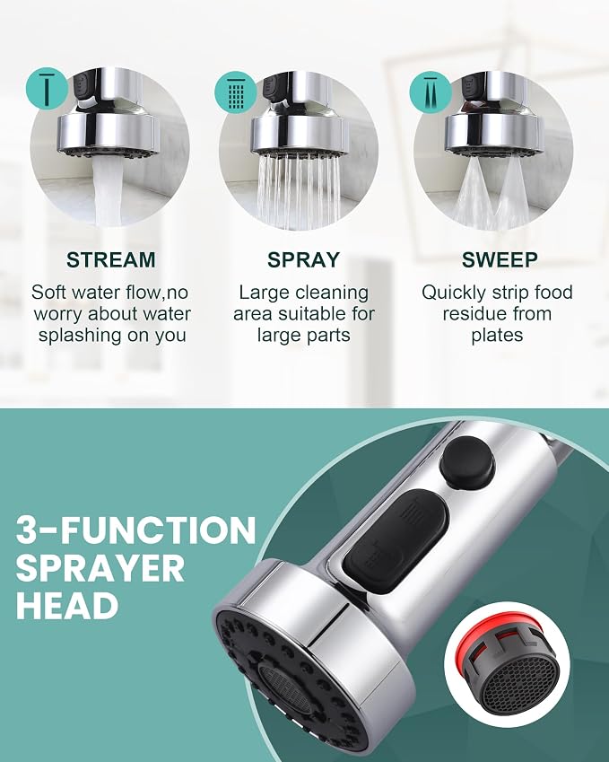 Kitchen Faucet with Pull Down Sprayer: Chrome 3-Function Kitchen Sink Faucet - Image 6