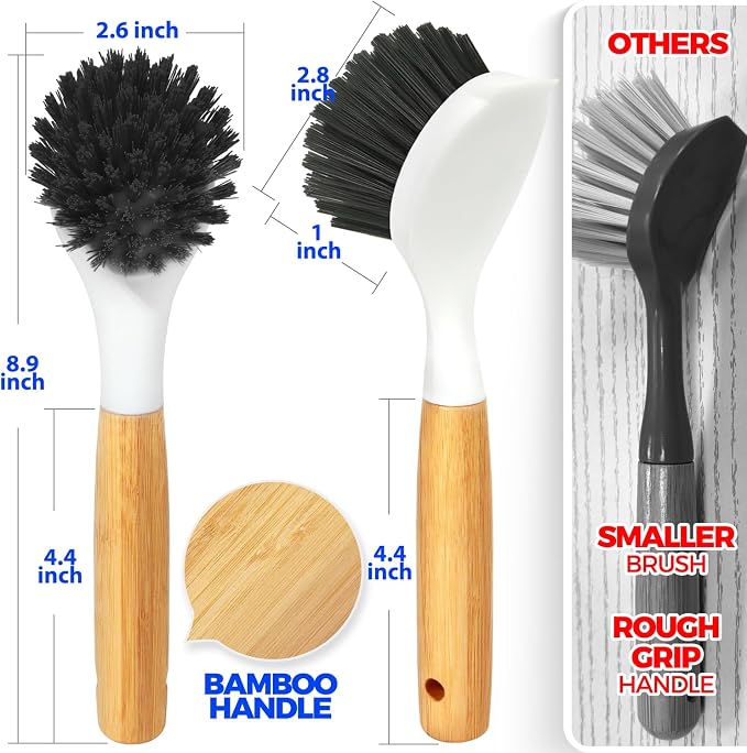 Holikme 3 Pack Dish Brush with Bamboo Handle Cleaning Brush, Pans and Vegetables - Image 6