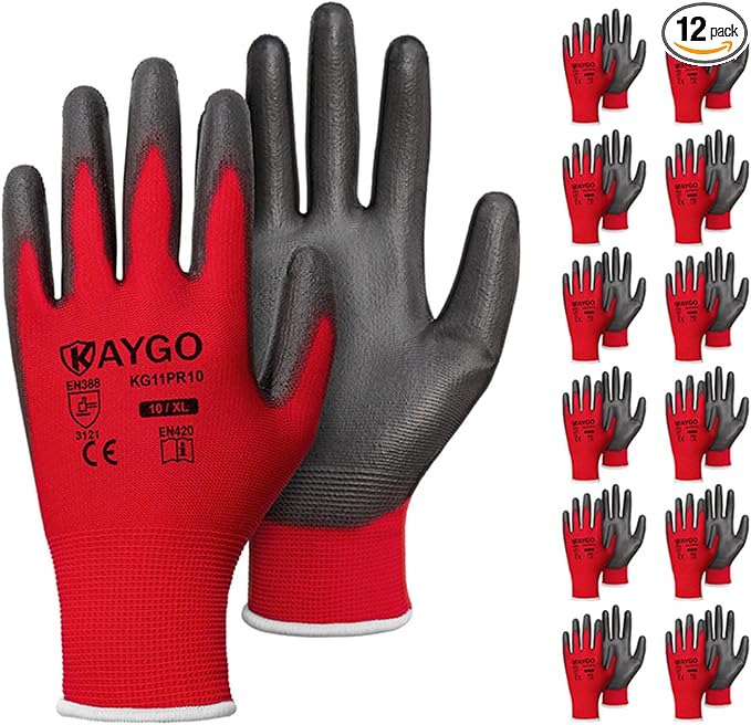 KAYGO Safety Work Gloves PU Coated for Men and Women, 12 Pairs KG11P Seamless Knit Glove with Polyurethane Coated Smooth Grip on Palm and Fingers, Ideal for General Duty Work (XL, Red)