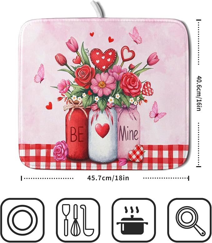 Rose Vase Dish Drying Mat 16x18 inch Romantic Floral Washable Absorbent Dish - Image 2