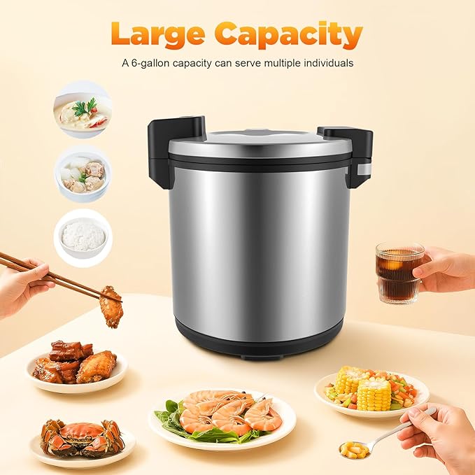 6-Gal Electric Rice Warmer | Two Temperature Settings | 110V 110W Commercial Food Warmer with Flip Lid & Rice Spoon for Parties, Festival Banquets, Catering (Stainless Steel/American plug 110V)