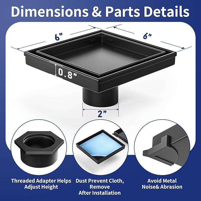 Square Shower Drain 6", Matte Black Floor Drain with Tiled Insert Grate & Hair Strainer, 304 Stainless Steel Bathroom 2-in-1 Tiled in Drain, CUPC Certified (Matte Black, 6'')