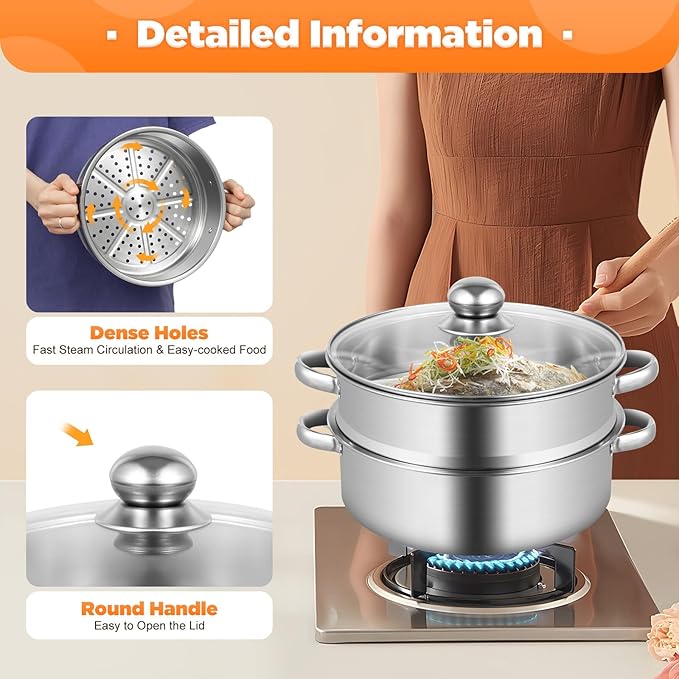 5-Tier Food Steamer Pot for Cooking, Stainless Steel Steamer Pot with Clear Lid, Stackable Steaming Pots Steam Cooker Cookware for Dumpling Seafood, Compatible with Gas/induction Stove (10.23in Diameter)