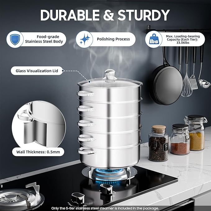 Stainless Steel Steamer Pot, 11-Inch Steamer for Cooking, 5-Tier Food Steam Pots with Lid for Cooking Vegetables, Seafood, Soups, Stews, Dumplings and Pasta