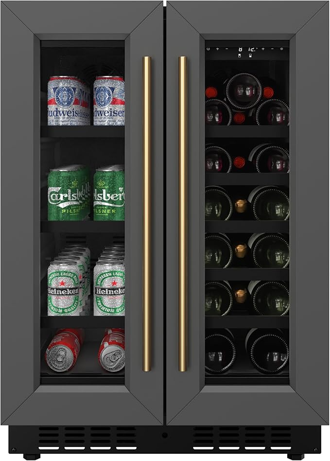 KoolMore Reserve 24 in. French Door Dual Zone Panel Ready Under-Counter Cooler with Black Shelves and 20 Bottle Capacity in the Right Zone and 2.1 Cu. Ft. on the Left in Black (KM-CWB24-BPR)