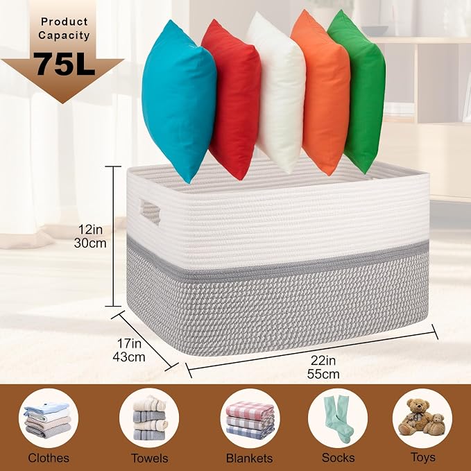OIAHOMY Blanket Basket Laundry Basket Dog Toy Basket 75L Grey/White - Image 3