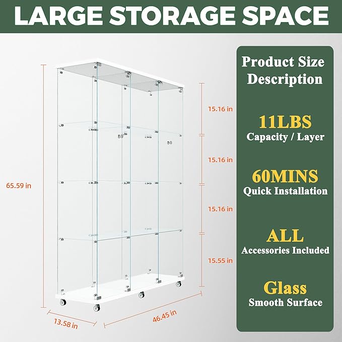 Glass Display Cabinet with LED Light Strip, 12 Shelves 3 Column 2 Doors, Large Curio Storage Cabinets with Lock & Caster for Living Room, Office, Floor Standing Glass Bookshelf - White