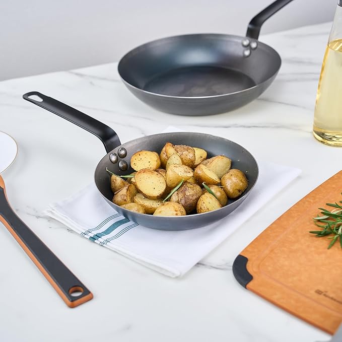 Restaurantware-Met Lux 9 Inch Fry Pans, 6 Lightweight Frying Pans - Induction-Ready, Triple-Riveted, Black Carbon Steel Cooking Skillets, Durable, For Searing, Sauteing, And Browning Food