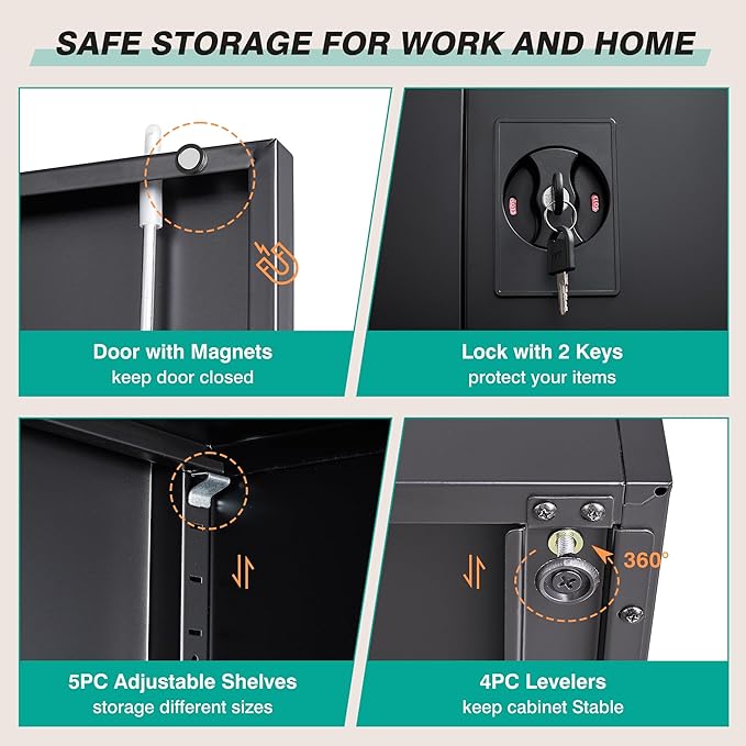 SISESOL Wide & Deep Metal Storage Cabinet with Lock & 5 Shelves,72" Black Garage Storage Cabinet with Locking Doors,Lockable Cabinets for Home,Office,Garage,Shop,Basement 72x36x18