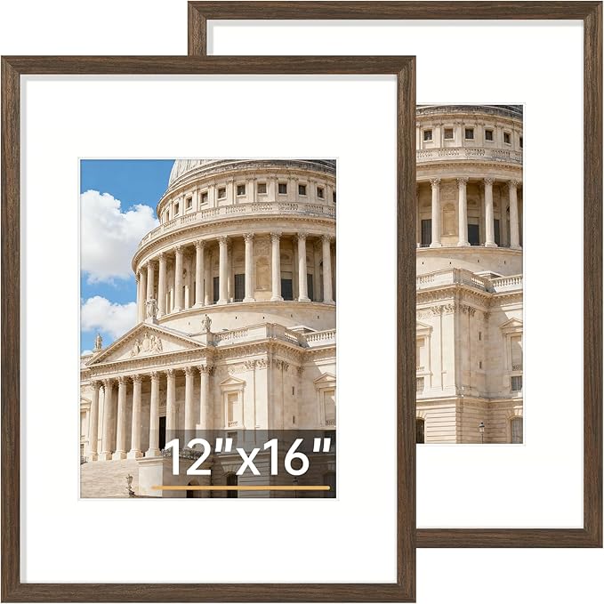 Vittanly 12x16 Picture Frame Set of 2, Solid Wood Frame for Wall Art Photo and Prints, Display Photo 8.5x11 with Mat or 12x16 without Mat, Brown
