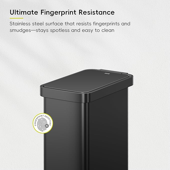 EKO Hudson Slim 50L / 13.2 Gallon Kitchen Trash Can with Lid, Stainless Steel Step Garbage Can for Kitchen or Home, Space-Saving Garbage Can with Soft Close Lid, Stay-Open, Liner Ring, Matte Black