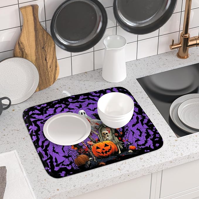 Giwawa Halloween Pumpkin Dish Drying Mat 16x18 inch Spooky Ghost Bat Dish Rack - Image 6