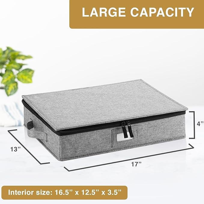 Platter Storage Case - Hard Shell and Stackable with Padded Interior - Fits 4 Serving Platters - 3 Large Felt Dividers Included - 17"W x 13"D x 4"H - China Storage Containers for Plates