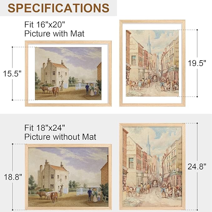 Vittanly 18x24 Picture Frame, Solid Wood Frame with Plexiglass, Includes 16x20 Mat, Wall Hanging for Photos, Home Decor, Natural, 1 Pack