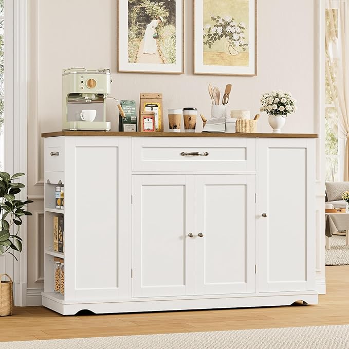 HOSTACK Kitchen Island Cart with Storage, 47'' Kitchen Storage Island on Wheels with 2 Drawers, Rolling Island Table with Adjustable Shelves, Mobile Buffet Sideboard Cabinet for Dining Room, White