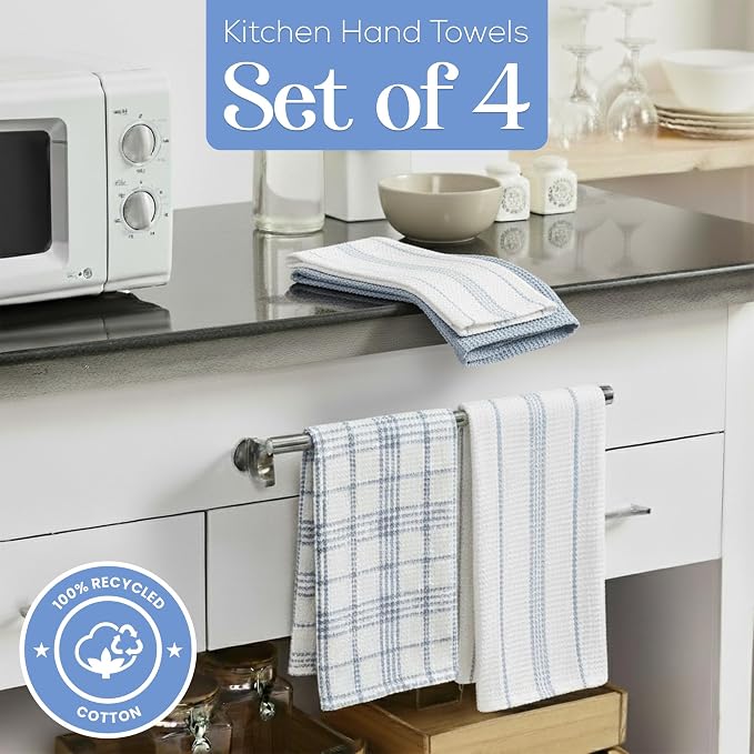 Kitchen Towels Set of 4 Dish Towels Blue n White Waffle Weave Cotton Hand Towels - Image 3