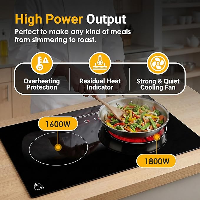 K&H Dual Radiant Electric Cooktop - 12 Inch Built-In Electric Stove Top with 9 Heating Levels - 240V, 3400W Built-in Radiant Ceramic Glass Cooktop - Touch Control, Timer & Child Lock, HCC-3402