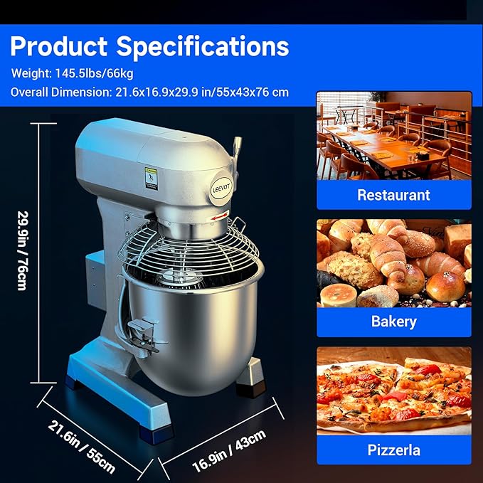 20Qt Commercial Food Mixer with Timing Function,1100W Commercial mixer 3-Speed Adjustable Heavy Duty, Electric Stand Food Mixer with Stainless Steel Bowl for Bakery Pizzeria. (Standard)