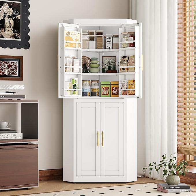63" Tall Metal Corner Kitchen Pantry Cabinet, Steel Storage Cabinets with 4 Doors and 3 Shelves, Kitchen Food Cabinets with 6 Door Panel Shelves, Farmhouse Cupboard for Kitchen Dining, White