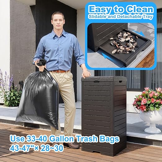 Outdoor Trash Can with Lid, Outdoor Trash Bin & Pull-Out Liquid Drawer, Dual Lid Closure Design, Waterproof Resin Garbage Can Container for Patio, Backyard, Deck (Black, 38Gallon)